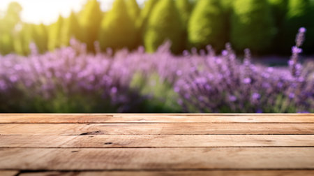Mockup empty wooden table or deck with blurred lavender field landscape background. Generative AIの素材