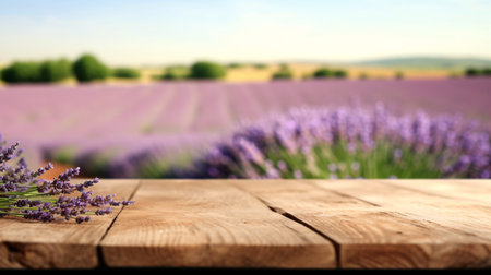 Lavender bouquet on the wooden table at organic lavender farm background. Generative AIの素材