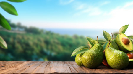 Fresh avocado on wooden table with blurred nature landscape background. Generative AIの素材