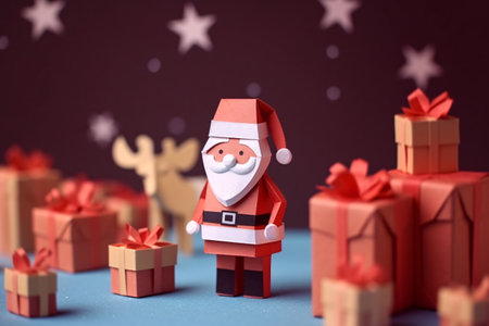 Paper craft art cute Santa Claus character with Christmas gifts and reindeer on starry night sky background, Christmas background. Generative AIの素材