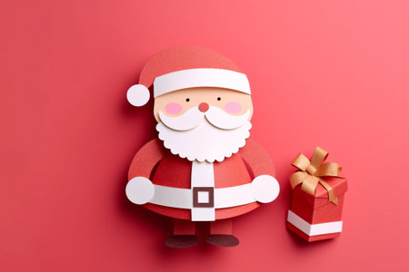 Paper craft art cute Santa Claus character and Christmas gift isolated on red, Christmas backgruond. Generative AIの素材