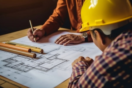 Engineer or architect meeting discuss and check construction blueprint information for architectural project. Generative AIの素材