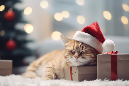 Cute ginger cat with santa hat sleeping on gift box near Christmas tree with light bokeh background, Christmas with pet concept. Generative AIの素材