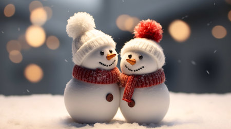 Two happy snowman family toys greeting greeting each other, celebrating Christmas and new year with family and friends concept photo background. Generative AIの素材