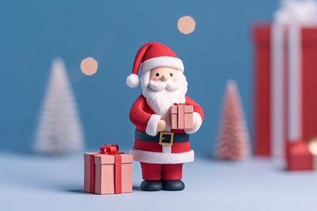 Paper craft art cute Santa Claus character with gift and Christmas tree on blue background, Christmas background. Generative AIの素材