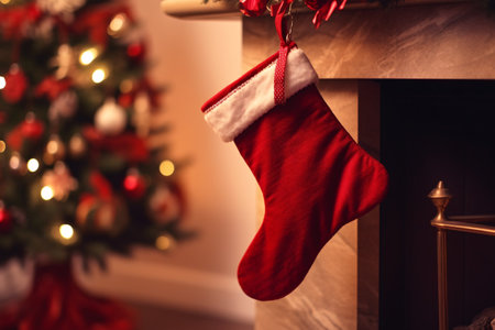 Stocking hung over the fireplace and Christmas tree, Christmas background. Generative AIの素材