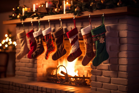 Christmas stockings hung above the fireplace, Christmas background. Generative AIの素材