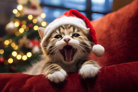 Cute tabby cat wearing santa hat meowing with Christmas tree on background, Christmas and pet concept. Generative AIの素材