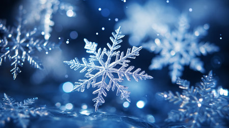 Magical shiny frozen snowflakes and snowfall sky, blue background with beautiful festive light bokeh, winter and Christmas background. Generative AIの素材