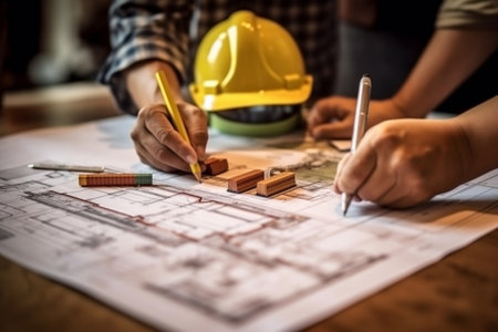 Engineer or architect meeting discuss and check construction blueprint information for architectural project. Generative AIの素材