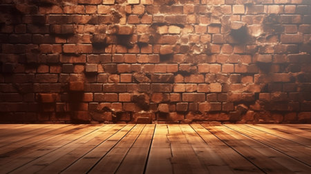 Old brown brick wall and wooden floor with beautiful light, vintage rustic and grunge style industrial brick wall background. Generative AIの素材
