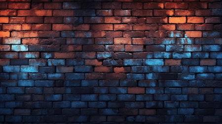 Brick wall textured with orange and blue neon glow light, electric and grunge style dark futuristic brick wall background. Generative AI