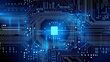 Digital circuit motherboard with neon glow blue light, cyber technology and computer industrial engineering concept, futuristic abstract technology background. Generative AIの素材