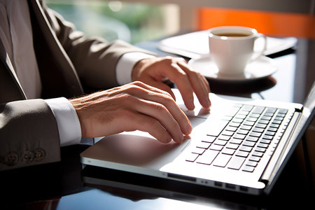 A businessman hands typing on laptop computer while working at office, business and management concept background with copy space. Generative AIの素材
