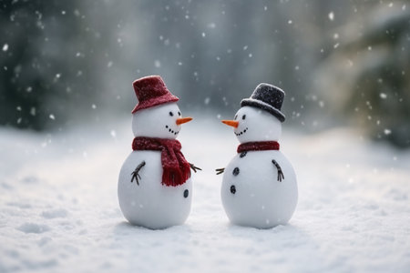 Two happy snowman family toys greeting greeting each other, celebrating Christmas and new year with family and friends concept photo background. Generative AIの素材