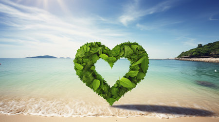Green leaf heart shaped symbol on the beach and tropical sea background, represent love and protect the earth, eco friendly, sustainability and Environmental protection concept. Generative AIの素材