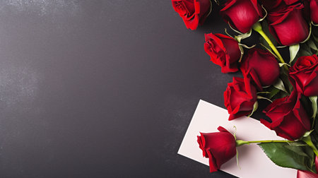 Beautiful red rose flower bouquet and blank note paper on dark background, congratulations and anniversary concept, Valentine s day background. Generative AIの素材