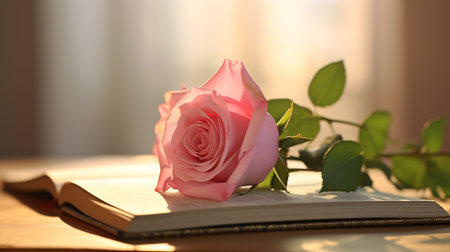 Beautiful pink rose on an open book with morning sunlight near window, book lovers and love concept, romantic valentine s day background. Generative AIの素材