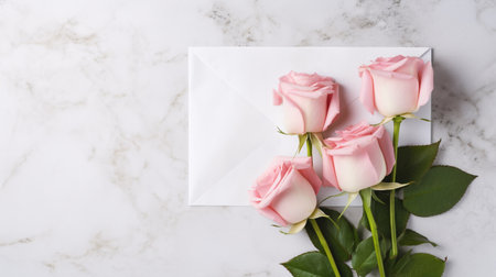 Beautiful pink rose flower bouquet and envelope on white marble background, congratulations and anniversary concept, Valentine s day background. Generative AIの素材