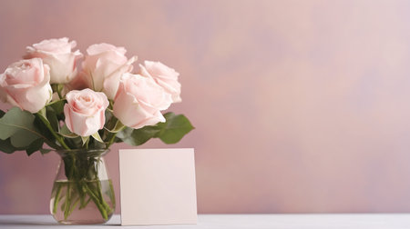 A mockup blank paper card with romantic pink rose bouquet in glass vase, Valentine s day background. Generative AIの素材