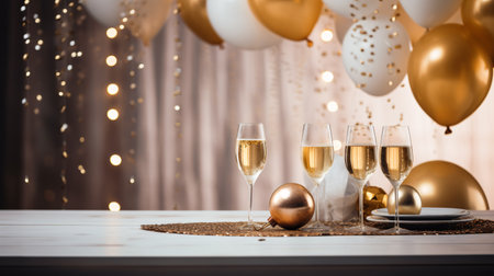 Four glasses of champagne on the wooden table with party ornament and balloons in white and gold colors, with beautiful light bokeh, Christmas and new year background. Generative AIの素材