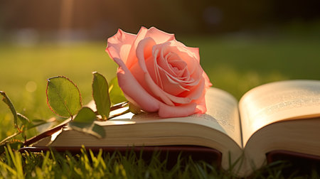 Beautiful pink rose on an open book with morning sunlight in the garden, book lovers and love concept, romantic valentine s day background. Generative AIの素材