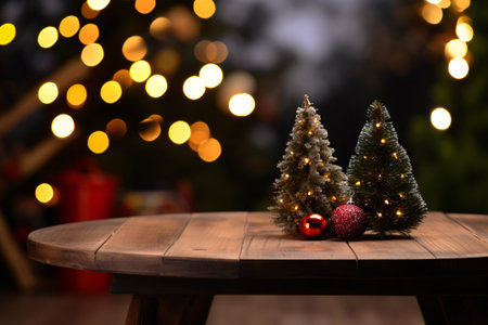 Small christmas tree and ornament on wooden table, space for displaying product with blurred beautiful festive light bokeh, Christmas background. Generative AIの素材