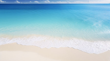 Beautiful tropical beach with white sand, blue turquoise color sea and white foam of waves, tranquil seascape in summer, ocean horizon. Generative AIの素材