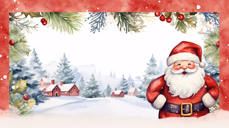 Watercolor Christmas garland frame and Santa Claus on house and snow background, Christmas background. Generative AIの素材