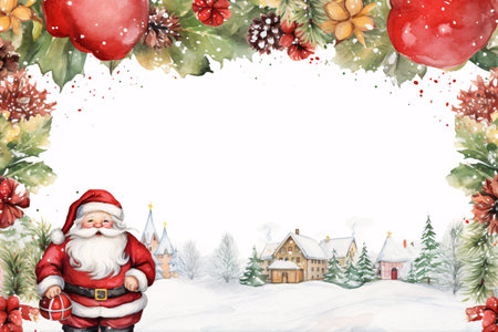 Watercolor Christmas garland frame and Santa Claus on house and snow background, Christmas background. Generative AIの素材