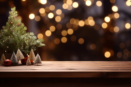 Small christmas tree and ornament on wooden table, space for displaying product with blurred beautiful festive light bokeh, Christmas background. Generative AIの素材