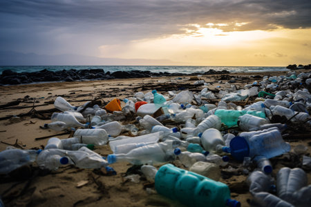 Ocean pollution and marine debris, plastic waste and other rubbish along the coast in the morning, beach pollution concept. Generative AIの素材