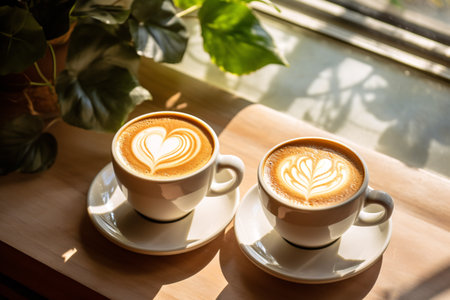 Two cup of hot coffee cafe latte with beautiful heart shaped latte art, served on wooden tray near window in the morning, coffee lover and valentine s day concept. Generative AIの素材