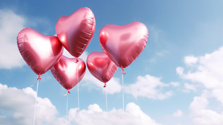 Shiny pink heart shaped balloons with string floating in the blue sky, Valentine s day background. Generative AIの素材