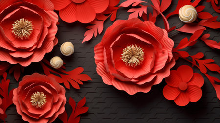 Paper craft red peony flowers on black background, Chinese new year or Lunar new year concept, oriental background. Generative AIの素材