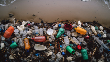 Ocean pollution and marine debris, plastic waste and other rubbish along the coast, beach pollution concept, top view. Generative AIの素材