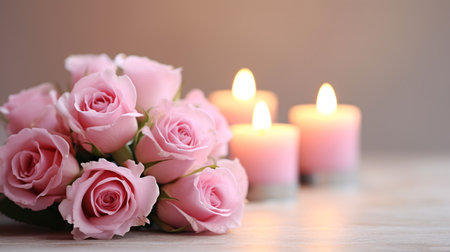 A romantic pink rose bouquet under candlelight on wooden table, wedding and Valentine s day background. Generative AIの素材