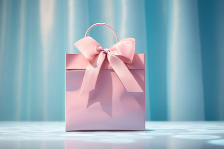 Feminine pink shopping bag with ribbon bow on blue background, springtime or summer sale and Valentine surprise offer promotion concept. generative aiの素材