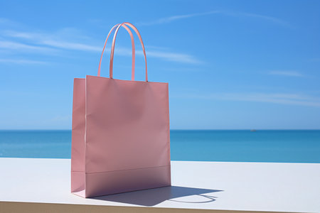 Pink shopping bag on blue sky, minimal style springtime or summer sale and Valentine surprise offer promotion concept. generative aiの素材