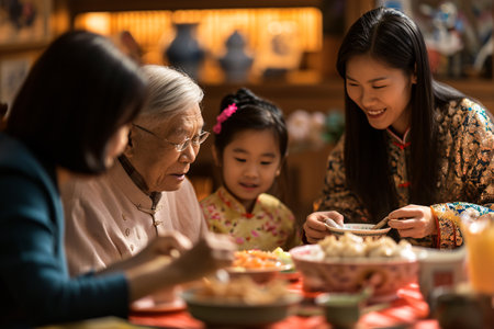 Chinese new year eve multigenerational family dinner party, family gathering celebrate Chinese new year. Generative AIの素材