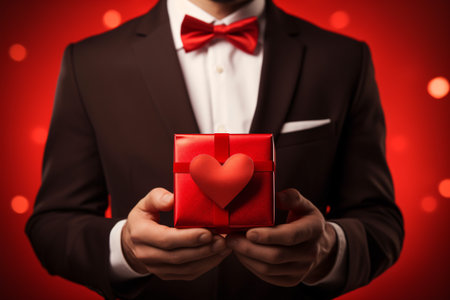 Hands of a man in formal suit holding valentine present on red backdrop, Valentines day promotion offer concept. generative aiの素材