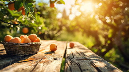 Fresh apricot fruits in basket on rustic wooden table at apricot garden background. generative aiの素材