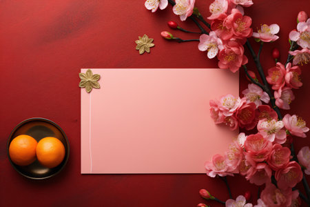 Mockup blank paper greeting card with plum blossoms flower and mandarin orange symbol of prosperity, Chinese new year background. Generative AIの素材