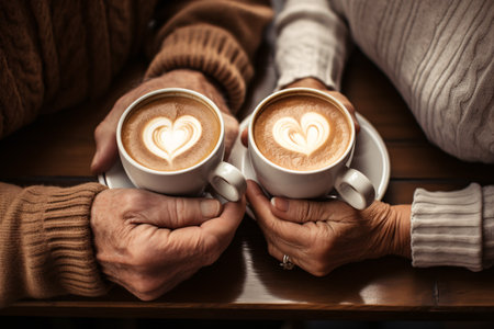 Happy senior couple hands holding coffee latte with heart shaped latte art, eldery lover and valentine concept. Generative AIの素材