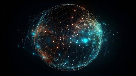 Wireframe hi tech globe with glowing light, internet network and digital technology concept , abstract futuristic background. Generative AIの素材
