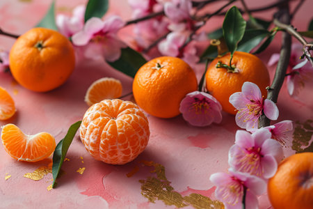 Plum blossoms flower and mandarin orange symbol of prosperity, lunar new year pink backdrop , Chinese new year background. Generative AIの素材