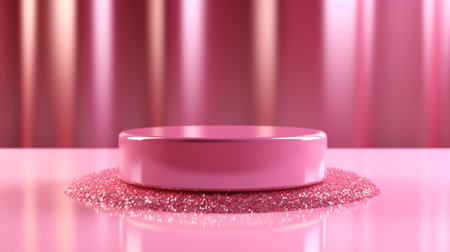 Pink stand display with glitter for cosmetic product presentation, Valentines day background. Generative AIの素材