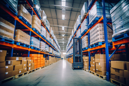 Industrial warehouse or storehouse with shelves full of goods, logistics, stock and inventory management concept. Generative AIの素材