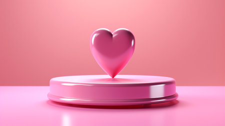 Heart shape and pink stand display space for product presentation, Valentines day pink background. Generative AIの素材