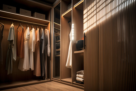 Modern luxury style warm wood walk in closet, minimal walk in wardrobe dressing room interior. generative aiの素材